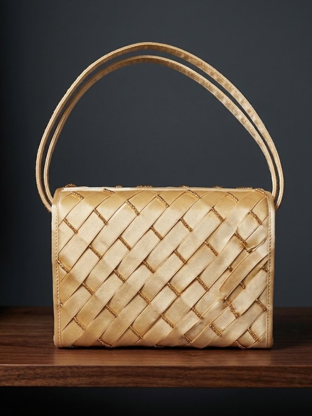 Vintage 1960s Roberto Vianni Designer Purse Gold Satin Ribbon Weave and Beads
